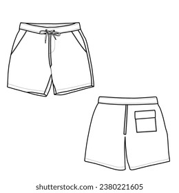 Boardshorts design vector template, front and back view for active wear.