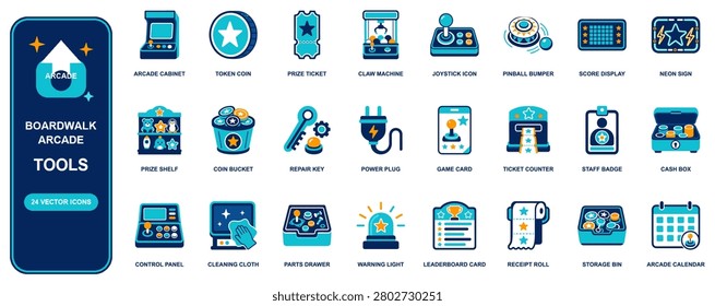 Boardwalk Arcade flat icon set. 24 vector line icons: arcade cabinet, token coin, prize ticket, claw machine, joystick, pinball bumper, score display. Editable isolated symbols for web, app and infogr