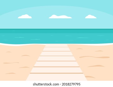 Boardwalk or walkway on sea and beach for vacation. Summer outdoor deck, pier. Seashore and beach with sand coast. Wooden path to water. Vector illustration