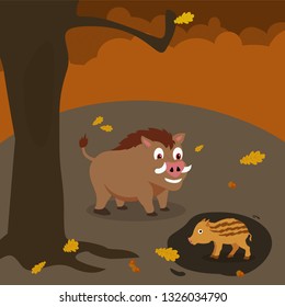 boars in the autumn forest
