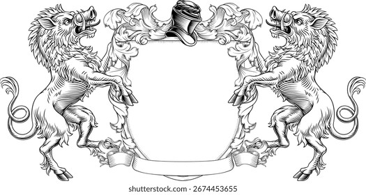 Brasão de armas ou crista família heráldica medieval escudo cavaleiro heráldico com capacete e acanto filigree percorrer ornamento em um estilo de xilogravura vintage.