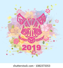 Boar's or Pig's Head isolated on background. Pig's or Boar's head as logo, badge, icon, patch. Template for party invitation, greeting card, pet shop, web. Symbol of Chinese New Year 2019.