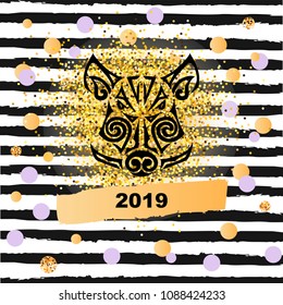 Boar's or pig's head isolated on black stripes background with golden confetti. Symbol of Chinese 2019 New Year. Stylized Maori face tattoo.Template for party invitation, greeting card, pet shop, web.