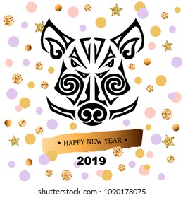 Boar's or pig's head isolated on background with confetti. Symbol of Chinese 2019 New Year. Stylized Maori face tattoo.Template for party invitation, greeting card, pet shop, web.