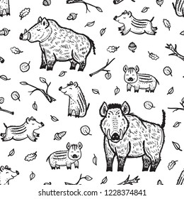 
Boars Vector Seamless pattern. Background with Hand Drawn Doodle Wild Pig and Wild Boar Piglet. Cartoon Cute Animals Collection. Chinese Zodiac Animal. Symbol of Lunar Chinese New Year 2019