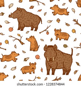 
Boars Vector Seamless pattern. Background with Hand Drawn Doodle Wild Pig and Wild Boar Piglet. Cartoon Cute Animals Collection. Chinese Zodiac Animal. Symbol of Lunar Chinese New Year 2019