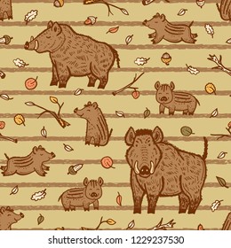 
Boars Vector Seamless pattern. Background with Hand Drawn Doodle Wild Pig and Wild Boar Piglet. Cartoon Cute Animals Collection. Chinese Zodiac Animal. Symbol of Lunar Chinese New Year 2019