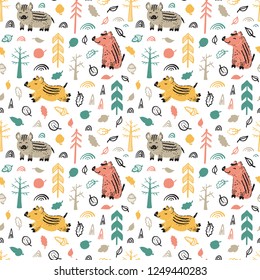 Boars Vector Seamless pattern. Background with Doodle Wild Pigs. Wild Boar Piglet in the forest. Cartoon Cute Animals. Chinese Zodiac Animal. Symbol of Lunar Chinese New Year 2019