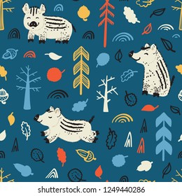 Boars Vector Seamless pattern. Background with Doodle Wild Pigs. Wild Boar Piglet in the forest. Cartoon Cute Animals. Chinese Zodiac Animal. Symbol of Lunar Chinese New Year 2019