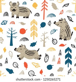 Boars Vector Seamless pattern. Background with Doodle Wild Pigs. Wild Boar Piglet in the forest. Cartoon Cute Animals. Chinese Zodiac Animal. Symbol of Lunar Chinese New Year 2019