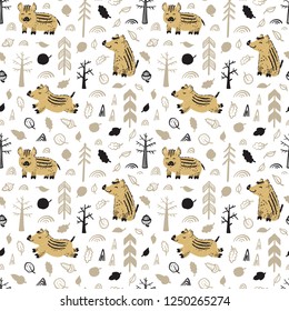 Boars Vector Seamless pattern. Background with Doodle Wild Pigs. Wild Boar Piglet in the forest. Cartoon Cute Animals. Chinese Zodiac Animal. Symbol of Lunar Chinese New Year 2019