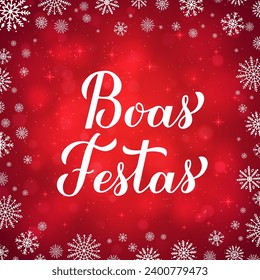 Boas Festas calligraphy isolated on red background with bokeh and snowflakes. Happy Holidays lettering in Portuguese. Christmas typography poster. Vector template for greeting card, banner, flyer