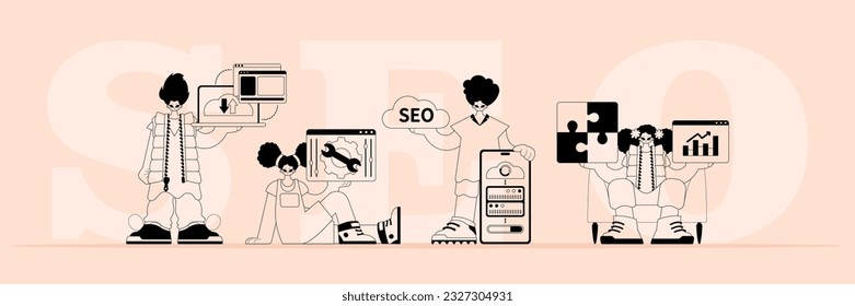 A boastfully team that specializes in SEO . trendy typification in a linear dart. Trendy style, Vector Illustration