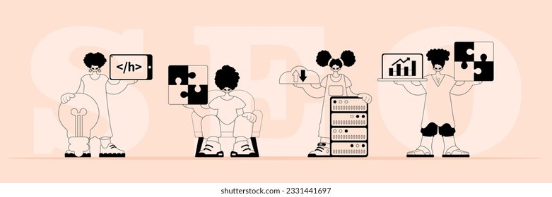 A boastfully team that specializes in SEO . trendy typification in a analogue flit. Trendy style, Vector Illustration