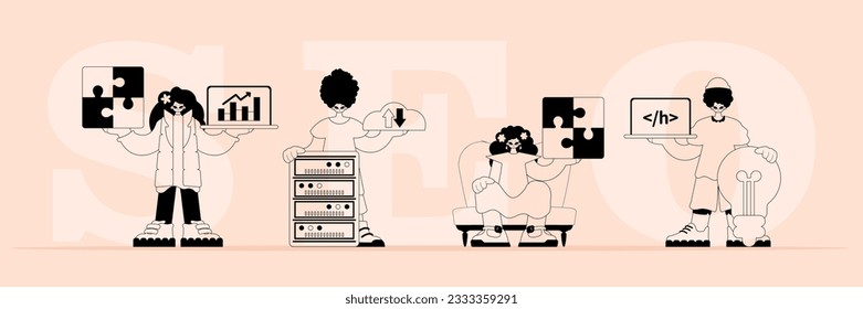A boastfully team that specializes in SEO . trendy typification in a analogue flit. Trendy style, Vector Illustration