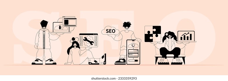 A boastfully team that specializes in SEO . trendy typification in a linear dart. Trendy style, Vector Illustration