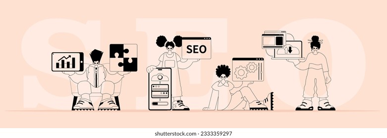A boastfully team that specializes in SEO . trendy typification in a analogue flit. Trendy style, Vector Illustration