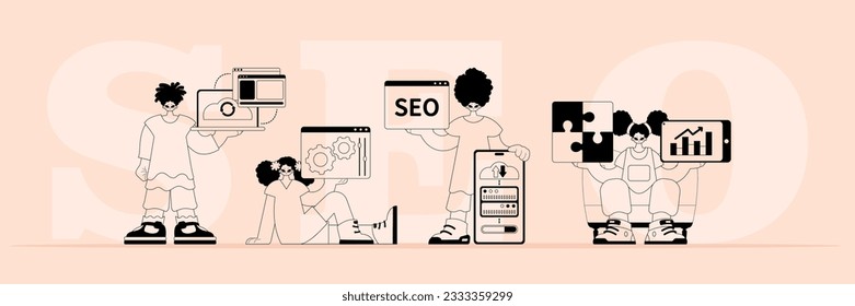 Ein Team, das sich auf SEO spezialisiert hat. trendige Typisierung in einer analogen Datei. Trendy Style, Vektorgrafik