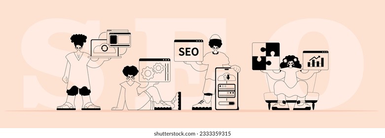 Un equipo de profesionales especializados en SEO. tipificación de moda en dardo lineal. Estilo de moda, Ilustración vectorial