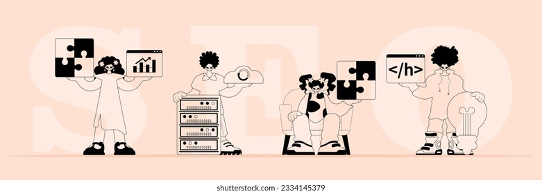 A boastfully team that specializes in SEO . trendy typification in a analogue flit. Trendy style, Vector Illustration