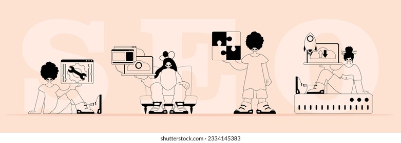 A boastfully team that specializes in SEO . trendy typification in a analogue flit. Trendy style, Vector Illustration