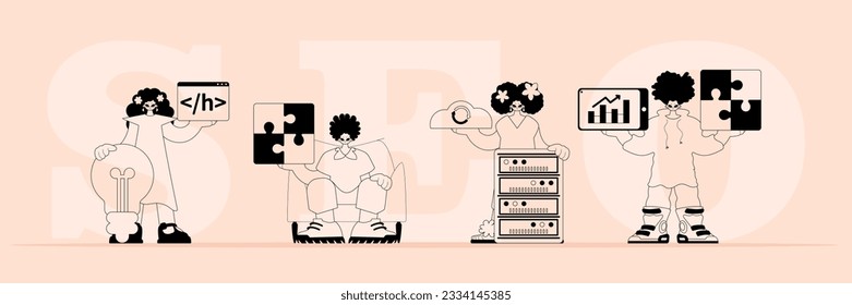 A boastfully team that specializes in SEO . trendy typification in a analogue flit. Trendy style, Vector Illustration