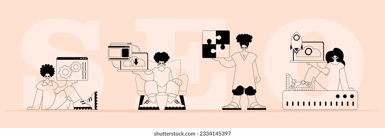 A boastfully team that specializes in SEO . trendy typification in a analogue flit. Trendy style, Vector Illustration