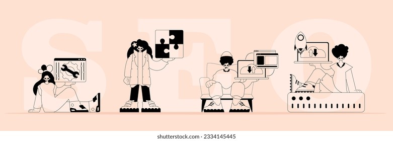Ein Team, das sich auf SEO spezialisiert hat. trendige Typisierung in einer analogen Datei. Trendy Style, Vektorgrafik
