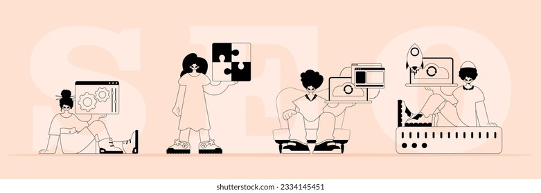 A boastfully team that specializes in SEO . trendy typification in a analogue flit. Trendy style, Vector Illustration