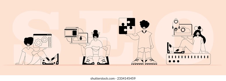 A boastfully team that specializes in SEO . trendy typification in a analogue flit. Trendy style, Vector Illustration