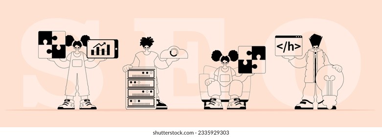A boastfully team that specializes in SEO . trendy typification in a analogue flit. Trendy style, Vector Illustration