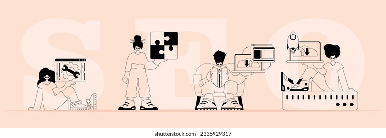 Un equipo de profesionales especializados en SEO. tipificación de moda en un vuelo analógico. Estilo de moda, Ilustración vectorial
