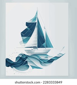 boat abstract art in blue shapes