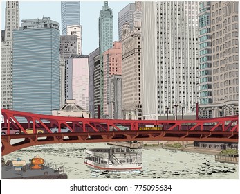 A boat along the Chicago river passes under the Clark Street bridge. Hand drawn vector illustration. Skyscrapers all around.