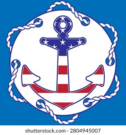 Boat anchor with the American flag design on a white banner with a rope weaved through. Nautical emblem with a patriotic design supporting the USA