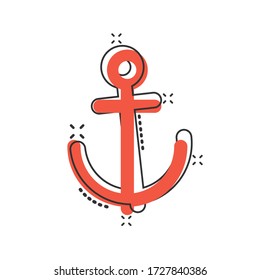 Boat anchor icon in comic style. Vessel hook cartoon vector illustration on white isolated background. Ship equipment splash effect business concept.