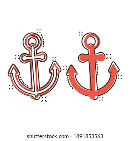 Boat anchor icon in comic style. Vessel hook cartoon vector illustration on white isolated background. Ship equipment splash effect business concept.