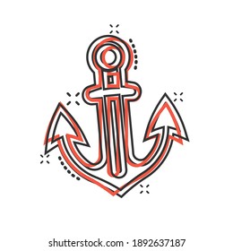 Boat anchor icon in comic style. Vessel hook cartoon vector illustration on white isolated background. Ship equipment splash effect business concept.