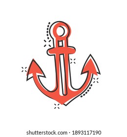 Boat anchor icon in comic style. Vessel hook cartoon vector illustration on white isolated background. Ship equipment splash effect business concept.