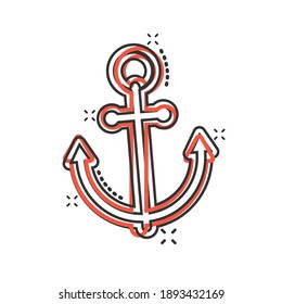 Boat anchor icon in comic style. Vessel hook cartoon vector illustration on white isolated background. Ship equipment splash effect business concept.