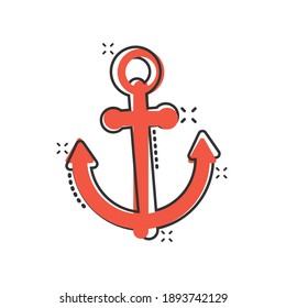 Boat anchor icon in comic style. Vessel hook cartoon vector illustration on white isolated background. Ship equipment splash effect business concept.