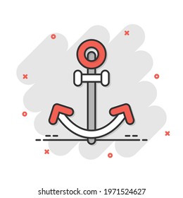 Boat anchor icon in comic style. Vessel hook cartoon vector illustration on white isolated background. Ship equipment splash effect business concept.