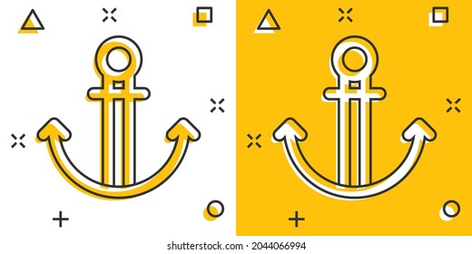 Boat anchor icon in comic style. Vessel hook cartoon vector illustration on white isolated background. Ship equipment splash effect business concept.