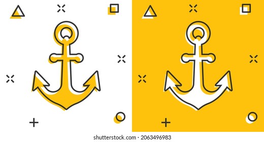 Boat anchor icon in comic style. Vessel hook cartoon vector illustration on white isolated background. Ship equipment splash effect business concept.