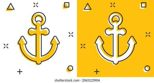 Boat anchor icon in comic style. Vessel hook cartoon vector illustration on white isolated background. Ship equipment splash effect business concept.