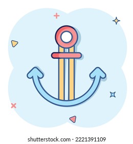 Boat anchor icon in comic style. Vessel hook cartoon vector illustration on white isolated background. Ship equipment splash effect business concept.