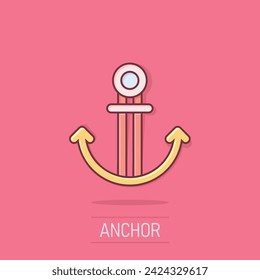 Boat anchor icon in comic style. Vessel hook cartoon vector illustration on isolated background. Ship equipment splash effect business concept.