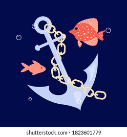 Boat anchor on underwater dark blue marine background. Flat Art Vector Illustration