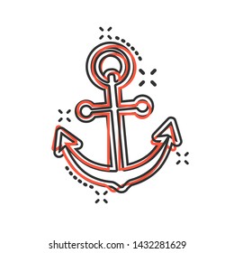 Boat anchor sign icon in comic style. Maritime equipment vector cartoon illustration on white isolated background. Sea security business concept splash effect.