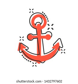 Boat anchor sign icon in comic style. Maritime equipment vector cartoon illustration on white isolated background. Sea security business concept splash effect.